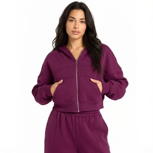 Women's Solid <b>Purple</b> <b>Cropped</b> Zip-Up Hoodie & High-Waist Jogger Pants Tracksuit Set 100% Cotton Casual Lounge Wear - Product Image 1