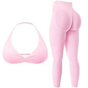 Ensemble de yoga et d'entraînement personnalisé OEM pour femme – Soutien-gorge de sport respirant, extensible, froncé, uni, à bretelles halter et dos nu, avec taille haute à l'avant - Product Image 2