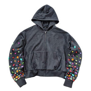 Sweat-shirt à capuche zippé noir pour homme, coupe oversize, manches ornées de strass, style streetwear décontracté, en coton French Terry, idéal pour l'automne - Product Image 1