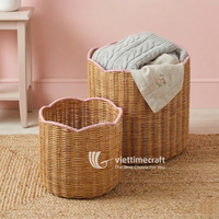 Panier en rotin tressé, bac de rangement rond avec bord festonné bleu, panier à linge et à jouets pour la décoration de la maison