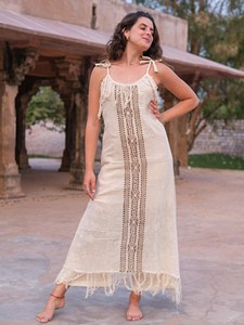 Handcrafted Women Cotton Linen Boho <b>Maxi</b> Dress with Shoulder Tie Straps Traditional Geometric Block Print Panel Dress For Women - Product Image 1