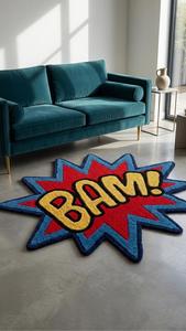 Alfombra de Lujo de Lana con Diseño de Cómics BAM, Hecha a Mano, Antideslizante, de Pelo Medio, en Rojo, Azul y Amarillo, Estilo Pop Art, para Sala de Estar - Product Image 4
