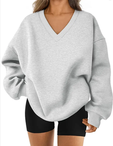 Sudadera Oversize de Mujer Azul Oscuro con Cuello en V, Manga Larga, Estilo Casual Urbano y Deportivo, Ropa al por Mayor OEM ODM - Product Image 5