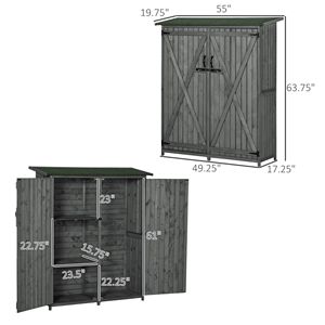 Armadio da Esterno in Legno Grigio con 3 Ripiani, Tetto Impermeabile in Asfalto, Porte Lucchettabili, Casetta da Giardino, Organizzatore per Attrezzi - Product Image 3