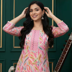 Conjunto de Kurta y Pantalón Recto de Algodón Rosa Estampado, Cuello Redondo, Largo hasta la Pantorrilla, Traje Étnico de Uso Diario para Mujer, Tallas S M L XL XXL - Product Image 1