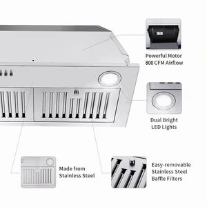 Cappa aspirante da cucina da 36 pollici 800 CFM a 3 velocità, da incasso/con inserto, con LED - Product Image 4
