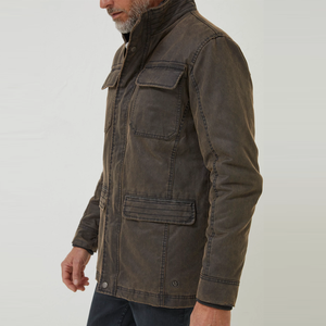 Men's Dark Brown Canvas Workwear Shirt <b>Jacket</b> Stand Collar Zipper Closure Pockets Regular Fit Autumn Solid Color Washed Finish - Product Image 2