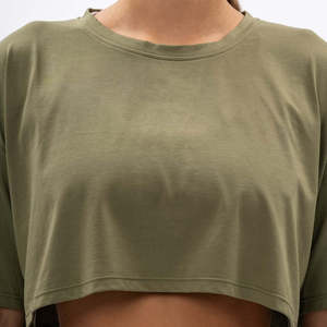 Men's Olive <b>Green</b> <b>Cropped</b> Short Sleeve Solid Color T-Shirt 100% Cotton Winter <b>Top</b> OEM Service Breathable - Product Image 3