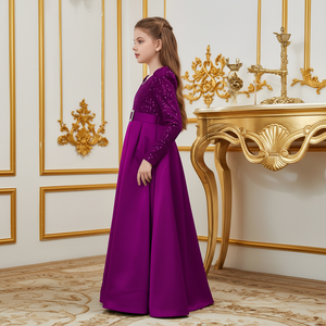 Vestido de Lujo para Niñas con Lentejuelas y Bordado de Terciopelo, Cuello en V, Manga Larga, Color Morado, para Eventos Formales, Bodas y Fiestas 2026 - Product Image 2