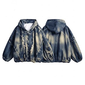 Blouson à capuche en jean délavé pour homme, coupe ample, style streetwear, effet usé et décoloré par le soleil, avec fermeture éclair - Product Image 1
