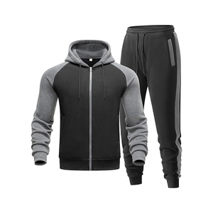 Ensemble de survêtement décontracté pour homme, noir et gris, à blocs de couleur, avec capuche, manches longues, fermeture éclair, pour l'automne - Product Image 1