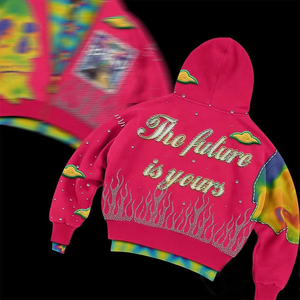 Unisex <b>Tie</b>-Dye Hooded Sweatshirt With Skull Print Rhinestone Applique Streetwear Fleece Zip-Up Oversized Fit - Product Image 4