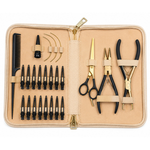 Premium Hair Extension Application Kit With Gold Finish Installation <b>Tools</b> Hair Sectioning Clips Pulling Needle and Luxury Carry - Product Image 1