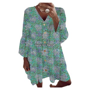 Robe Bohème pour Femme en Coton Imprimé au Bloc, Printemps-Été, Faite à la Main, Style Gypsy, Tunique Respirante en Coton Imprimé au Bloc, Robe Indienne - Product Image 1