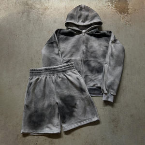 Sudadera con capucha de alta gama con cremallera y estilo desgastado, de tela de rizo 100% algodón, y pantalones cortos deportivos de diseño vintage, colección de verano. - Product Image 5