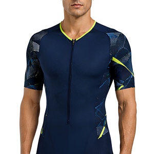 Combinaison de triathlon pour homme bleu marine avec accents vert fluo, séchage rapide, compression, pour cyclisme, course à pied, natation, tenue de compétition - Product Image 4