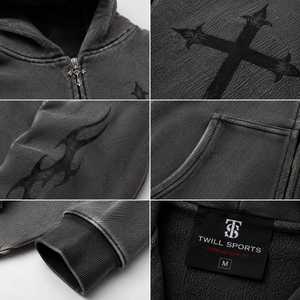 Sudadera con capucha gótica de alta calidad para hombre, con cremallera, de algodón negro, forro polar, estampado geométrico, corte regular, bolsillo frontal en la manga, lavado ácido, para invierno - Product Image 3