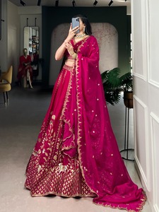 Wholesale Natural Silk Wedding Lehenga Choli With Sequins Thread Embroidery And Double Cancan Bulk Supply India - Product Image 5