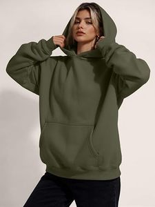 Sudadera con Capucha Extra Grande para Mujer, Color Verde Oliva, con Bolsillos, Corte Regular, Estilo Casual, Material de Felpa, Color Sólido - Product Image 6