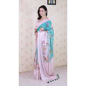 Sari en Georgette Imprimé Floral Bleu Ciel Elite Weaves, Robe de Soirée Douce Tissée Zari 450g - Product Image 3