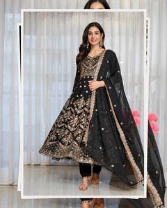 Ladies Embroidered <b>Top</b> Pant Dupatta Set Faux Blooming <b>Sequins</b> Zari Thread Moti Lace Designer Wedding Festive Party Ethnic Wear - Product Image 6