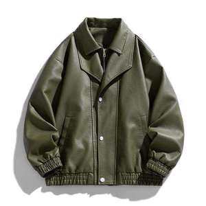 Veste en cuir pour homme, marque privée, style boutonné, avec corps en cuir véritable, patch graphique personnalisé et bordure en tricot côtelé - Product Image 1