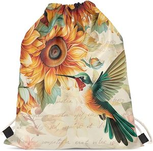 Sac de sport à cordon personnalisé imprimé tournesol et colibris, en polyester, pour la gym, le fitness et les voyages - Product Image 1