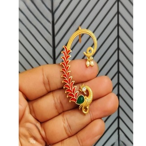 Radiant Gold Plated Alloy Pendant <b>Earrings</b> With Enamel Plant Design And Green Stone For Women Ethnic Wedding Jewelry - Product Image 1