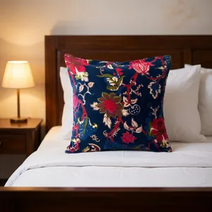 <b>Navy</b> <b>Blue</b> Velvet Cushion Covers with Vintage Floral Print Decorative <b>Throw</b> Pillows <b>for</b> <b>Sofa</b> Bedroom and Home Decor - Product Image 2