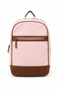 Pink Canvas Messenger Backpack Leather Trim Zipper Front <b>Pouch</b> Side Pocket Casual Travel Daypack - Product Image 1