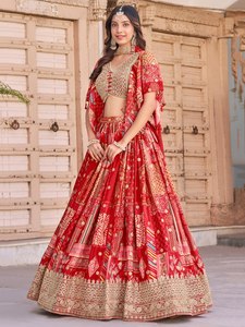 <b>Red</b> Floral Embroidered Sleeveless Knee Length <b>Lehenga</b> Choli Set Polyester/Cotton Traditional Women Outfit Dupatta Wedding - Product Image 3