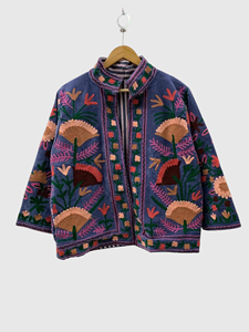 Veste en coton brodée à la main avec des motifs floraux, col mandarin, manches longues, taille plus, style Prairie Chic pour femmes, automne - Product Image 1