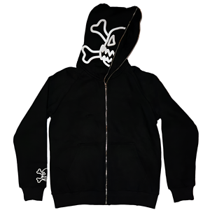 Sudadera con capucha negra con diseño minimalista de calavera, detalles subtiles en las mangas y un estilo moderno y atractivo para el streetwear. - Product Image 1
