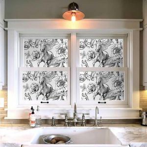 Carta da Parati Moderna con Peonie e Cavalli, Bianco e Nero, Autoadesiva, Facile da Applicare, Decorazione Murale - Product Image 4