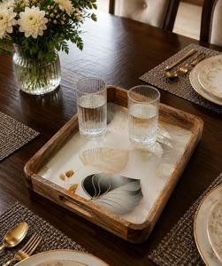 Single Wooden Rectangle <b>Storage</b> <b>Trays</b> with Leaf Design Polished Finish Kitchen Dishwasher Safe for Table Use - Product Image 2
