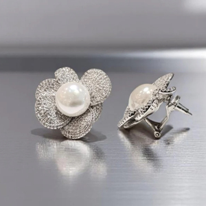 Flower <b>Stud</b> Earrings With Freshwater Pearl 925 <b>Silver</b> Micro Pave Diamond Classic Women Wedding Jewelry - Product Image 2