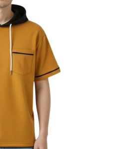 Custom Men Mustard <b>Yellow</b> Short Sleeve Hoodie T Shirt With Contrast Hood Drawstring Pocket Casual Streetwear Summer Top Fashion - Product Image 3