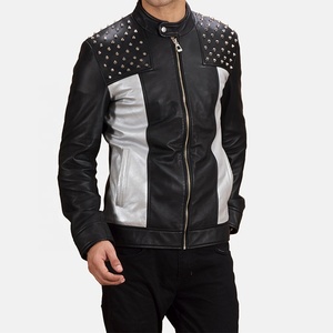 Chaqueta de motorista con tachuelas para hombre, chaqueta de moto de cuero de oveja negra de talla grande, chaqueta de cuero con pinchos de invierno con cuello levantado y cremallera - Product Image 1
