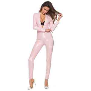 Mono de látex sexy para mujer, de manga larga, con cremallera frontal, pantalones largos de PU metálico, estilo wet look, body de teddy, ropa de club. - Product Image 5