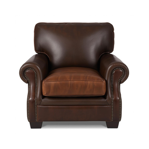 Luxury Real Cowhide Leather <b>Armchair</b> Genuine Leather Upholstered Accent Chair Classic Rolled Arms Nailhead Trim Home Seating - Product Image 1