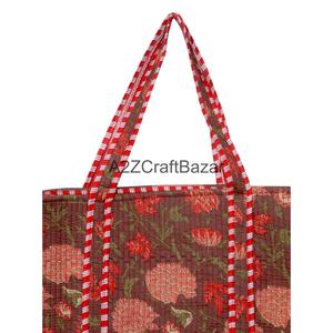 A2ZCraftBazar Women Quilted 100% Pure Cotton Handprinted Large Multicolor Floral <b>Long</b> Handle Eco-Friendly Tote <b>Bag</b> Rajasthan - Product Image 2