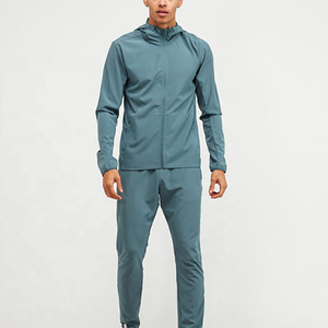 DAIZEN STAR Men's Blue Hooded Tracksuit Set Full Sleeve Zipper Closure Sporty Style Windproof Lightweight Summer Polyester Solid - Product Image 1