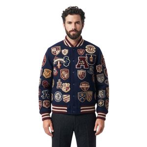 Vestes de baseball universitaires pour hommes en chenille personnalisée, patchwork, bleu marine, 100% laine, broderie, streetwear - Product Image 1