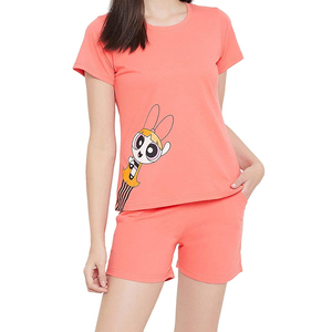 Conjunto de 2 Piezas para Mujer, Camiseta de Manga Corta con Estampado de Búho de Dibujos Animados y Pantalones Cortos, Cuello Redondo, Casual, Primavera Verano, Transpirable, 100% Algodón Tejido - Product Image 6