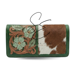 Portefeuille long élégant en cuir vert gaufré avec pochettes pour cartes et espèces, organisateur personnalisé, style cowgirl et gypsy, portefeuille fin - Product Image 1