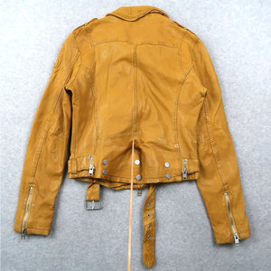 Distressed Yellow Genuine Leather Moto <b>Jacket</b> Women’s Vintage Style Real Sheepskin Biker Coat with Silver Hardware - Product Image 2