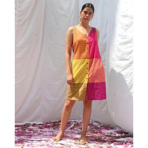 Vestido Mini de Mujer con Bloques de Color y Mangas Abullonadas, Casual, de Algodón Tejido, Cuello en V, Ajuste Holgado, Estilo Shift para Verano - Product Image 1