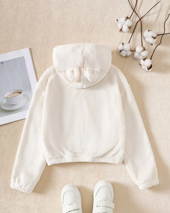 Girls White Fleece Hooded Sweatshirt Pullover Solid Color Long Sleeve Winter Wear Breathable Eco-Friendly Casual - Product Image 2