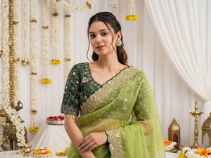 Sari en soie verte AARA Fashion avec broderie dorée, tenue traditionnelle indienne pour mariage, protection solaire toutes saisons pour femmes, longueur au sol - Product Image 6