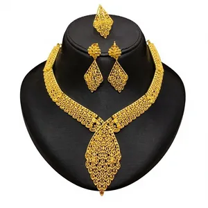 Gold Plated Brass Flower Jewelry Set for Women-Pendant Necklace with <b>Box</b> Chain Wedding & Party Occasions - Product Image 1